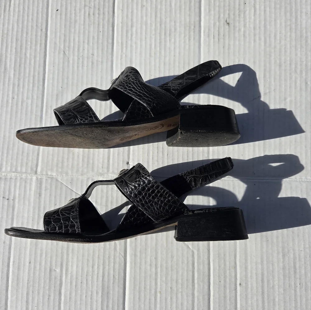 Brighton Y2K Black‎ Square Toe Sandals Leather 8.5M Croc Pattern